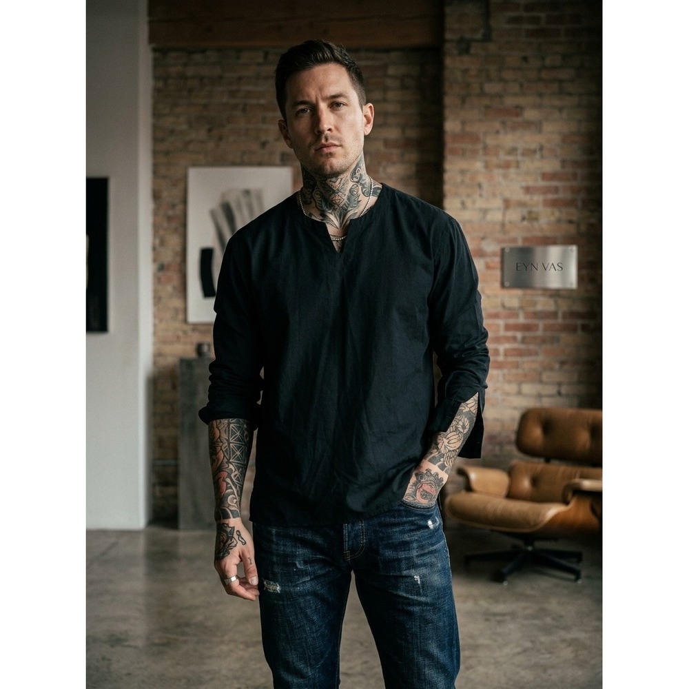 Eyn Vas Long Sleeve Top Mens Med Split Neck Cotton Minimalist Shirt Japanese